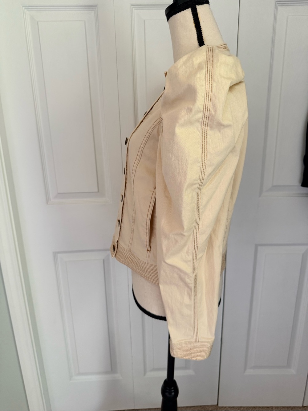 Ulla Johnson Cream Cosette Denim Jacket Puff Sleeve Contrast Stitch Size S - Picture 3 of 15